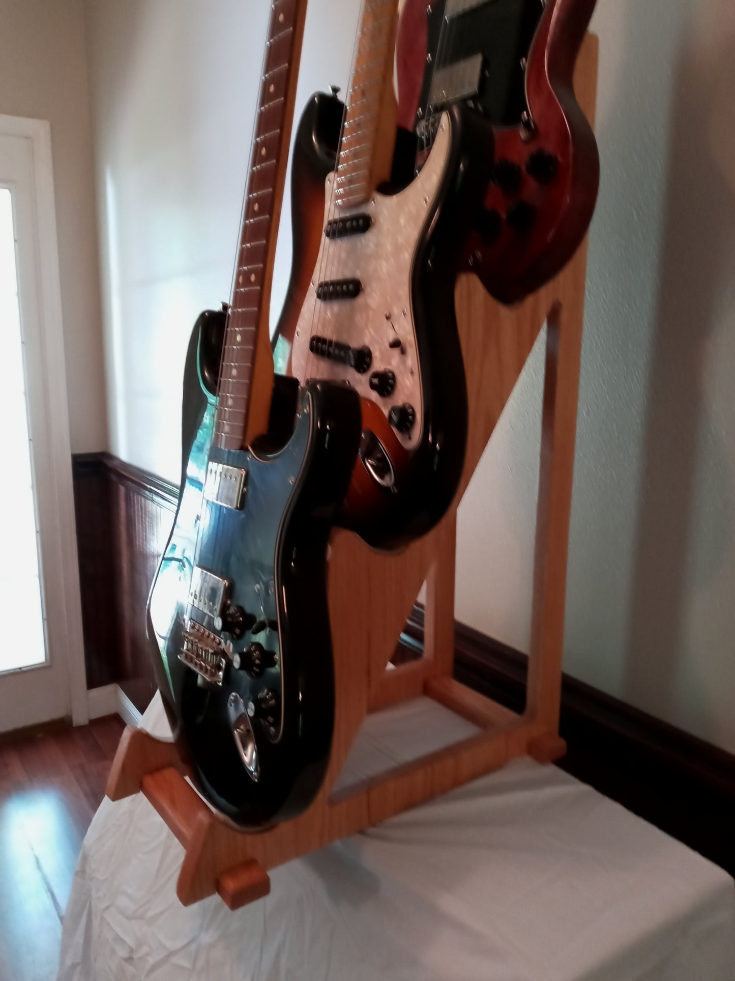 Triple Decker Electric Guitar Stand. Original Design, Solid Hardwood. Not for Basses or Acoustics. Made in USA. Free Shipping Contiguous USA